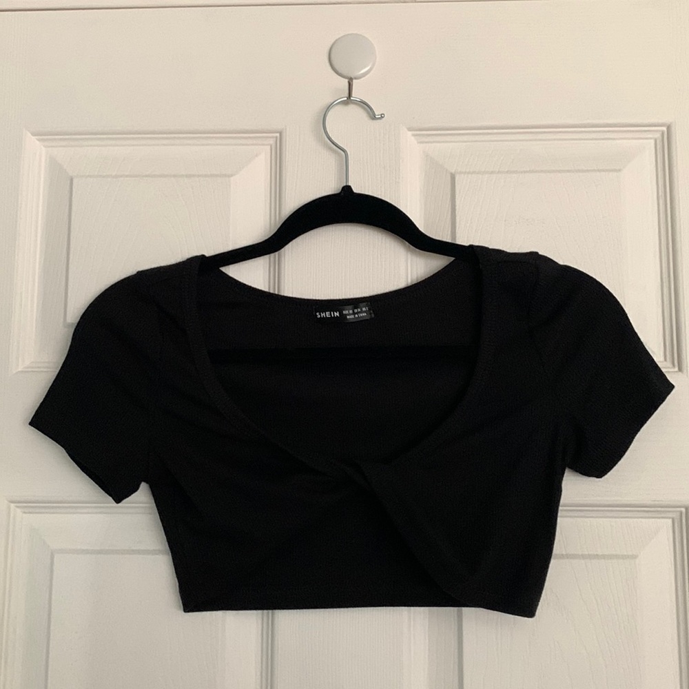 SHEIN Twist Front Rib Knit Crop Top Black XS